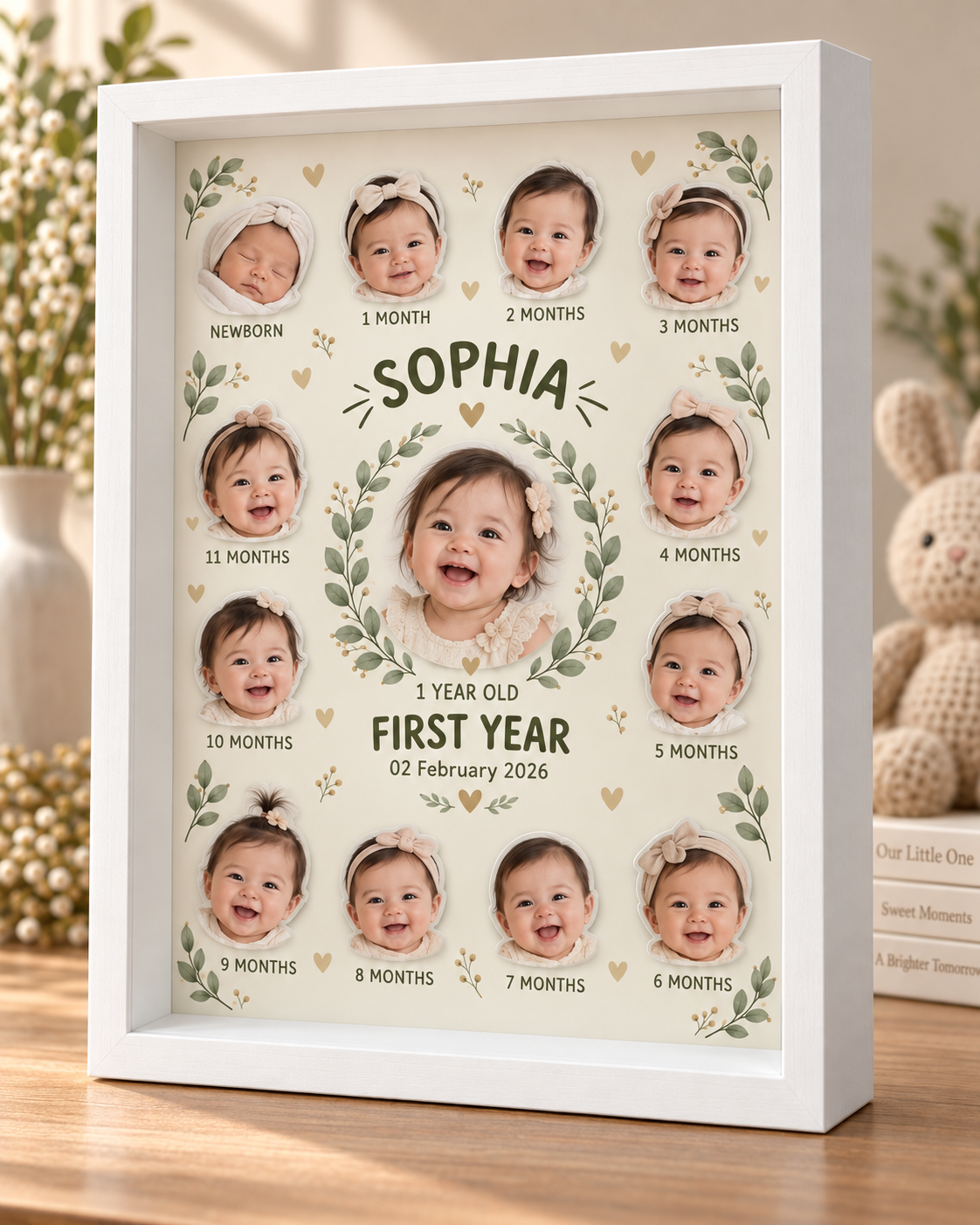 Sage Botanical – Personalised First Year Frame with 13 Photos