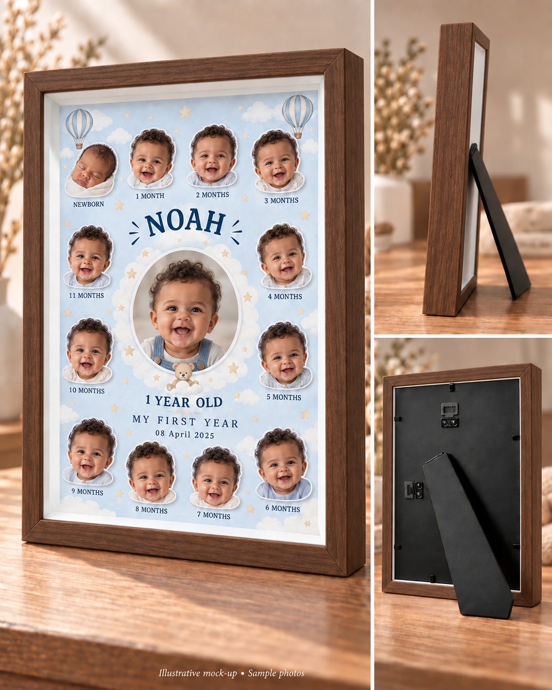 Blue Skies & Balloons in walnut: front, side and rear views with NOAH sample personalisation. Illustrative mock-up.