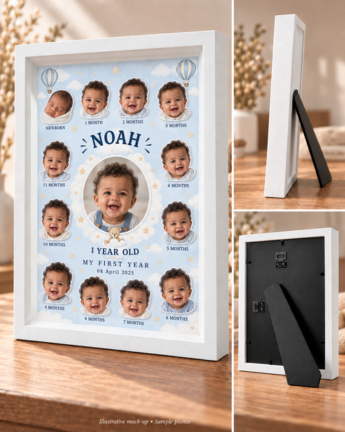 Blue Skies & Balloons in white: front, side and rear views with NOAH sample personalisation. Illustrative mock-up.