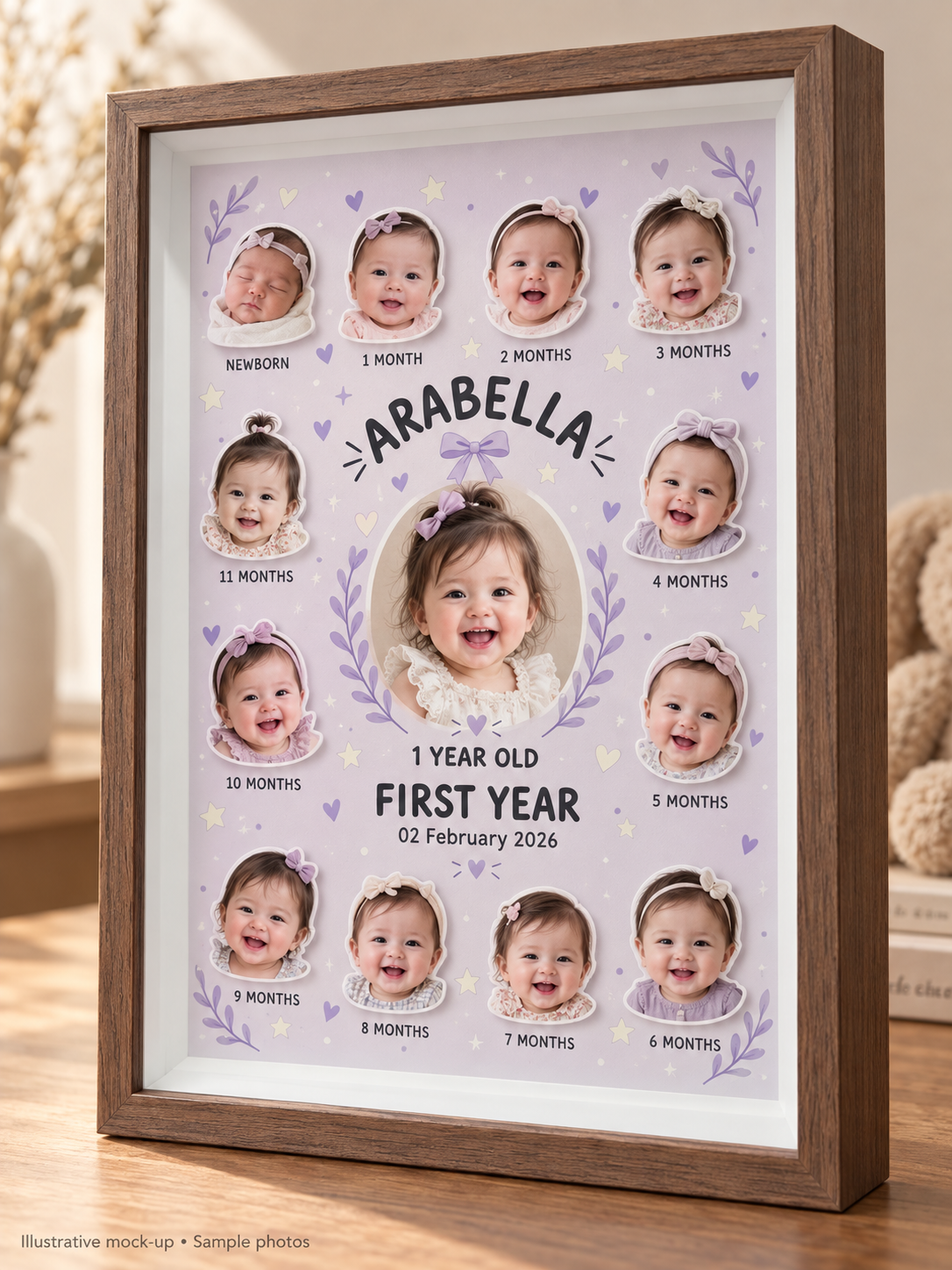 Illustrative sample-photo mock-up: Lavender Bow in walnut, with 12 monthly portraits and a central one-year-old photo.