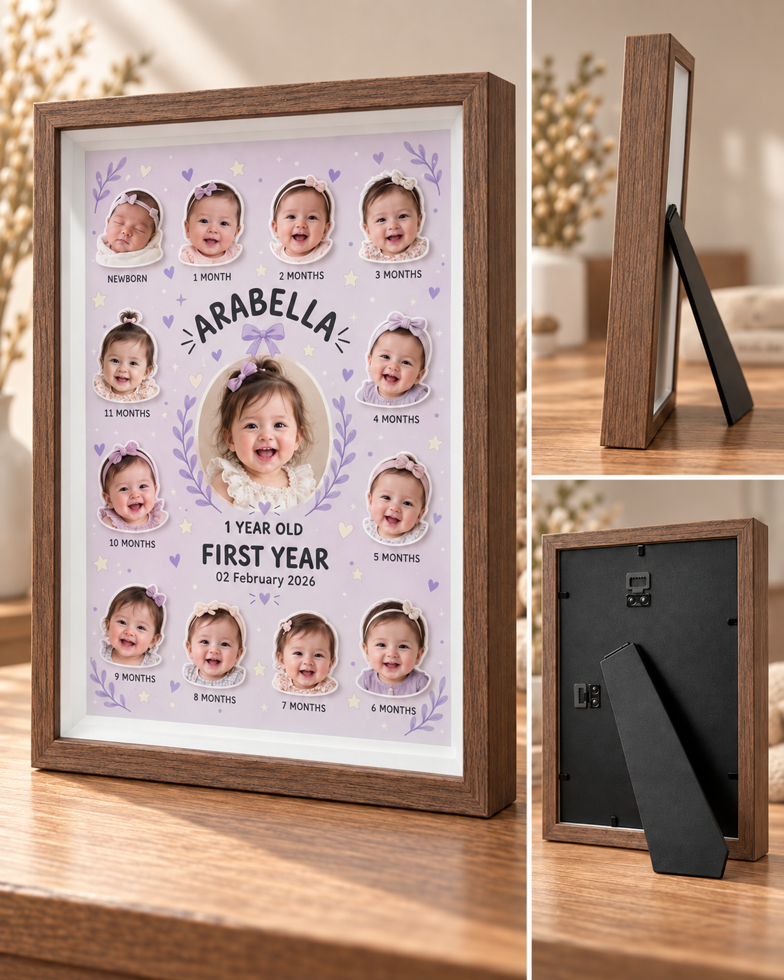 Lavender Bow in walnut: front, side and rear views. Illustrative mock-up.