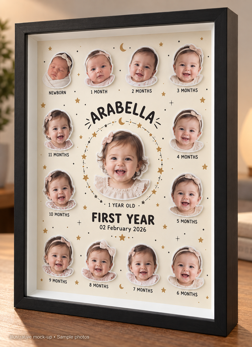 Illustrative sample-photo mock-up: Little Star in black, with 12 monthly portraits and a central one-year-old photo.