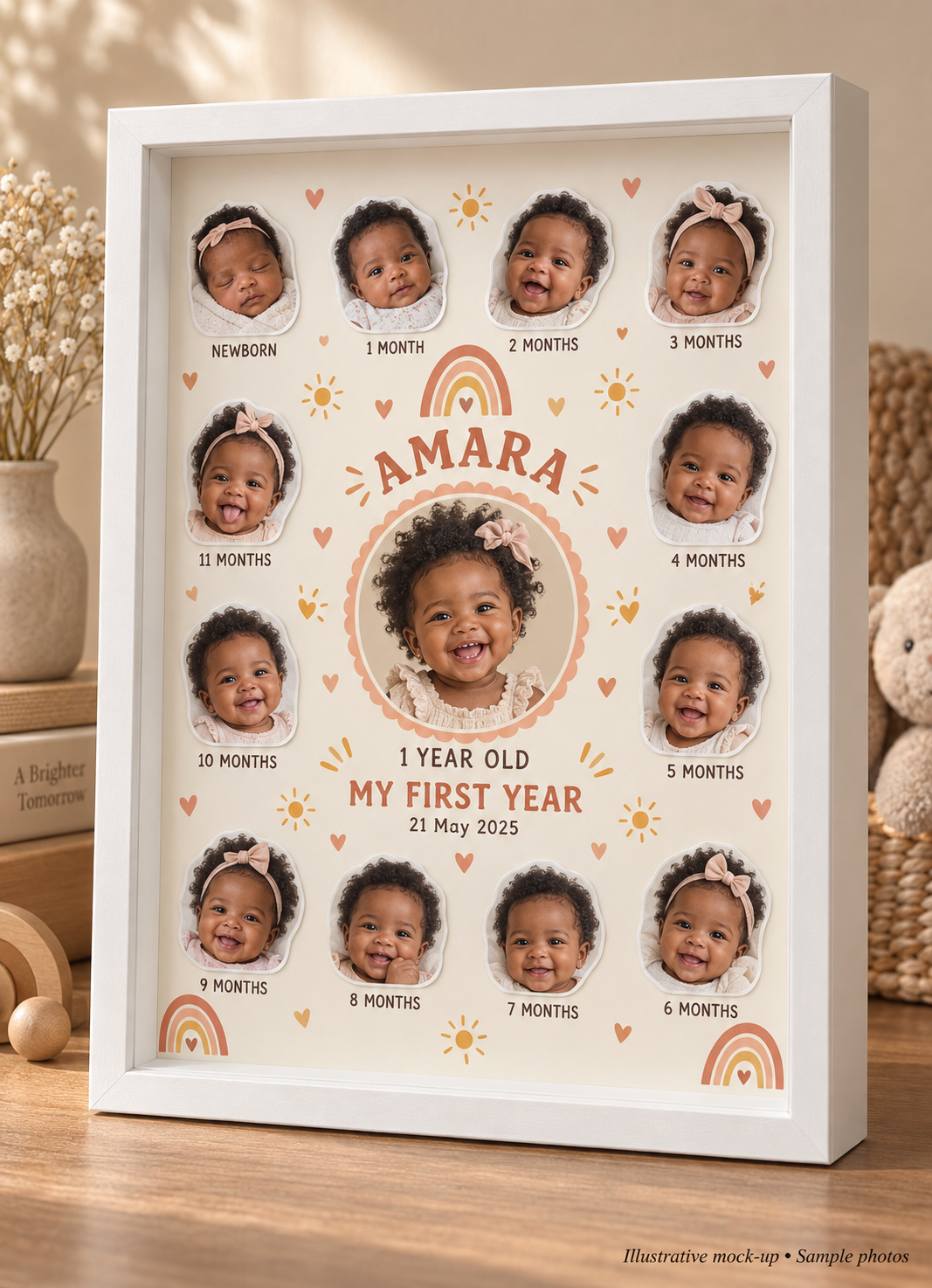 Peach Rainbow illustrative sample-photo mock-up in a white frame, with 12 monthly portraits and one larger first-birthday centre photo.
