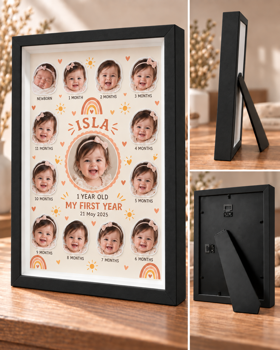 Peach Rainbow in black: front, side and rear views with ISLA sample personalisation. Illustrative mock-up.
