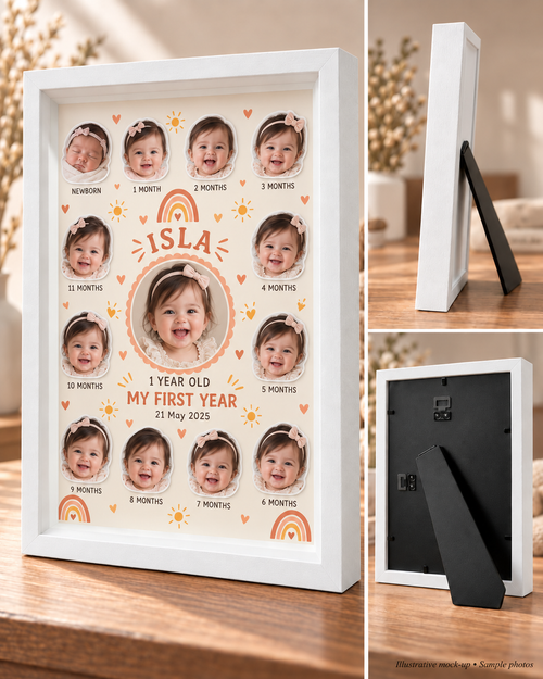 Peach Rainbow in white: front, side and rear views with ISLA sample personalisation. Illustrative mock-up.