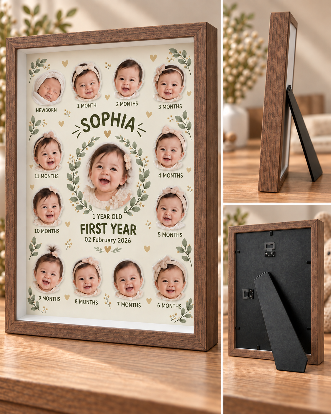 Sage Botanical in walnut: front, side and rear views. Illustrative mock-up.