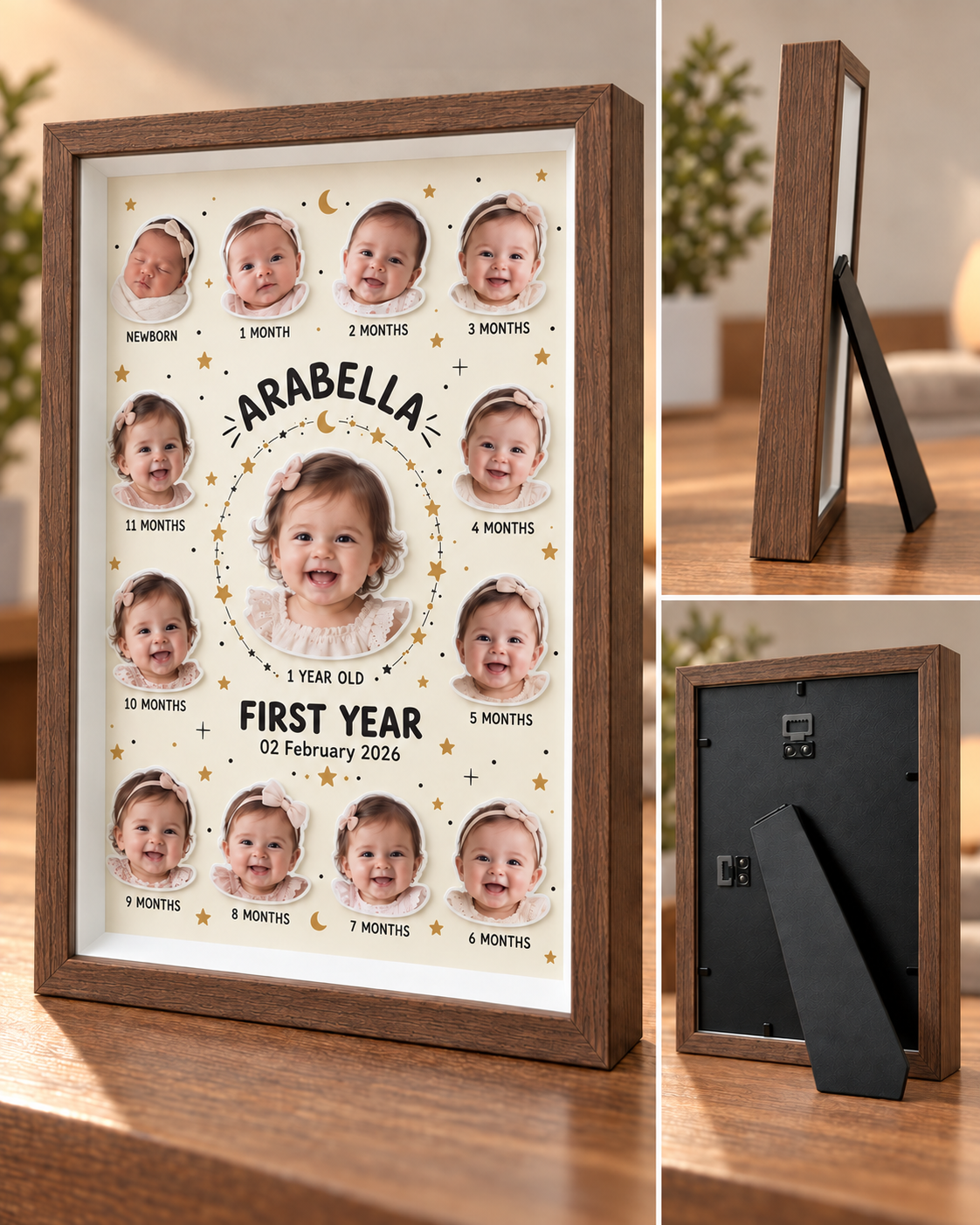 Little Star in walnut: front, side and rear views. Illustrative mock-up.