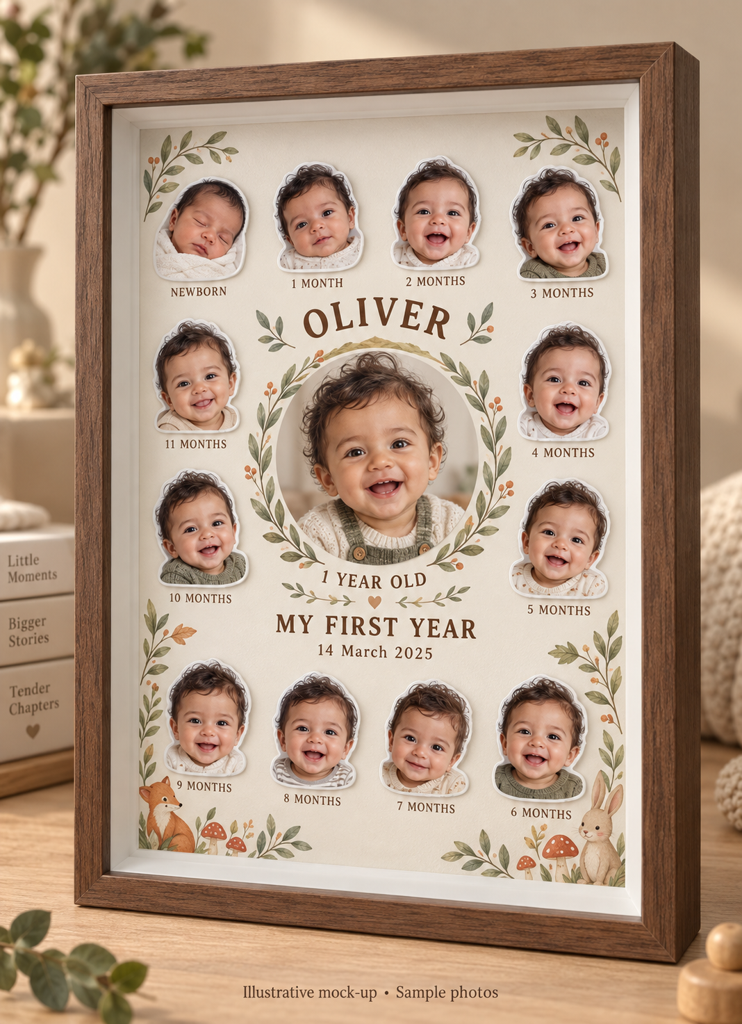 Woodland Friends illustrative sample-photo mock-up in a walnut frame, with 12 monthly portraits and one larger first-birthday centre photo.