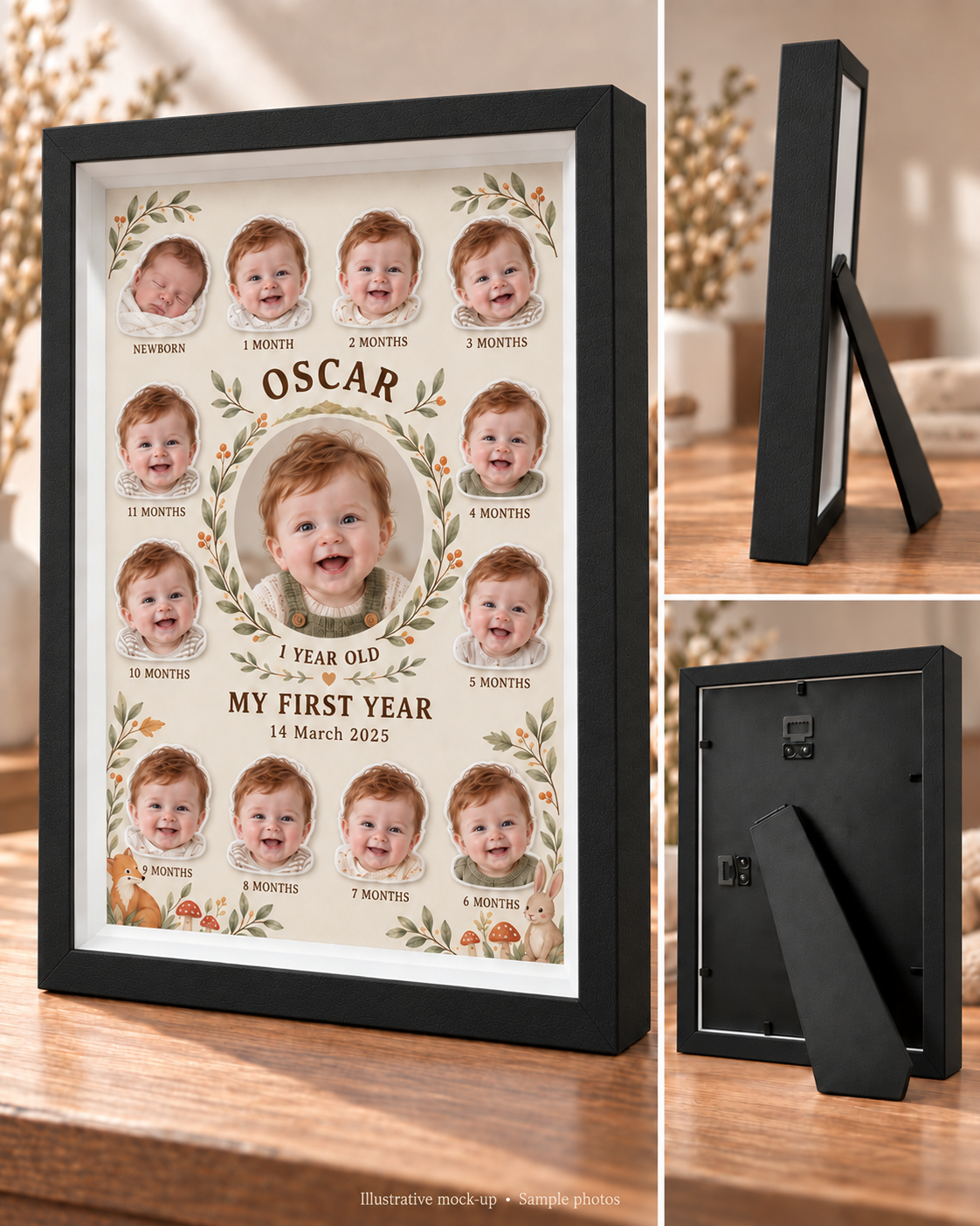 Woodland Friends in black: front, side and rear views with OSCAR sample personalisation. Illustrative mock-up.
