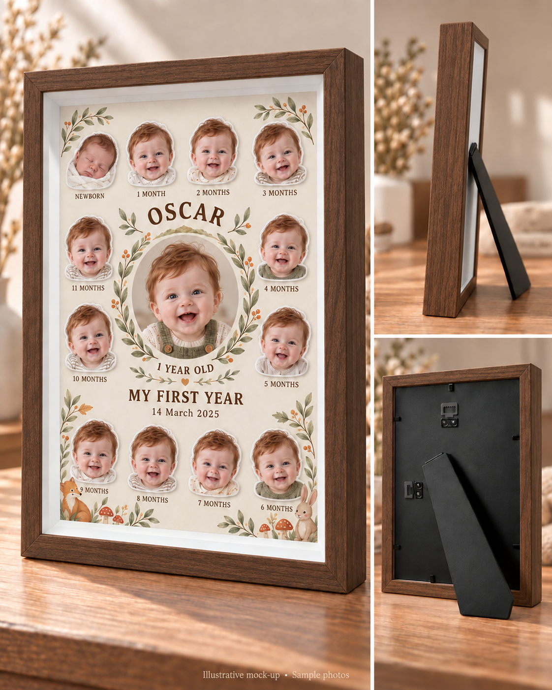 Woodland Friends in walnut: front, side and rear views with OSCAR sample personalisation. Illustrative mock-up.
