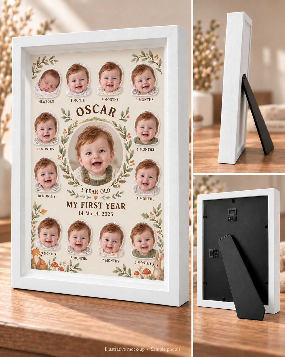 Woodland Friends in white: front, side and rear views with OSCAR sample personalisation. Illustrative mock-up.
